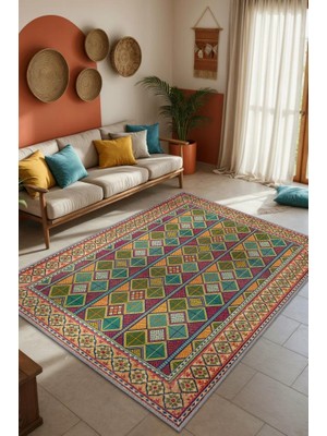 Homshtag Geometrik Çok Renkli Antik Oturma Odası Halısı, Enerjik ve Sanatsal Ev Dekoru Için Yıkanabilir Halı