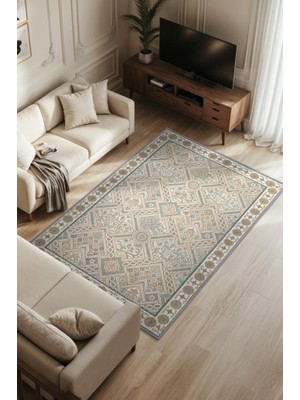 Homshtag Vintage Bej Halı, Antik Deseneli Oturma Odası Halısı, Yıkanabilir Dijital Baskılı Halı