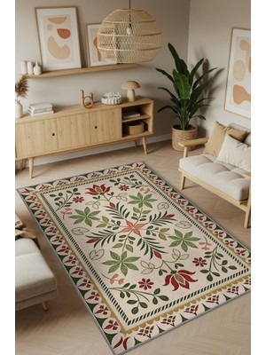 Homshtag Çiçek Desenli Halı, Iskandinva Bohem Oda Dekoru Için Zeytin Yeşil Kırmızı ve Bej Yıkanabilir Halı, Minimal Ev Dekoru