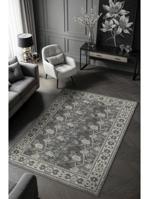 Homshtag Gotik Dekor Tarzı Çiçekli Gri Yatak Odası Halısı, Yıkanabilir Gri Oturma Odası Halısı