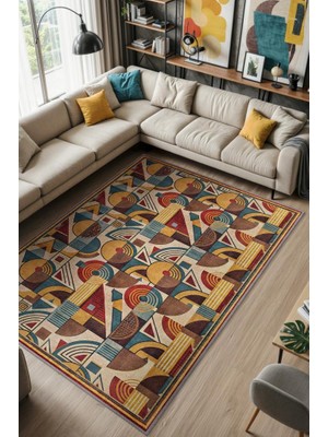 Homshtag Salon Halısı Geometrik Desenli, Çok Renkli Halı, Retro Halı, Yıkanabilir Dokuma Pamuk Tabanlı Halı