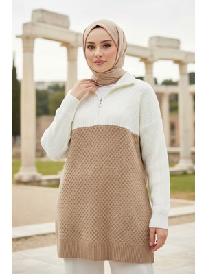 Blok Renkli Camel Tesettür Triko Kazak Tunik 87501C
