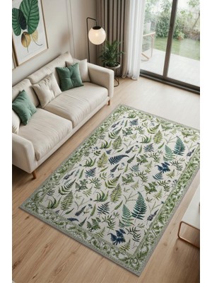 Homshtag Aşk Merdiveni Desenli Krem ve Yeşil Halı, Bordürlü Kır Evi Halısı