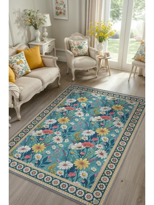 Homshtag Yıkanabilir Dokuma Pamuk Tabanlı Kaymaz Tabanlı Çiçekli Mavi Salon Halısı, Maksimalist Ev Dekoru, Yıkanabilir Halı