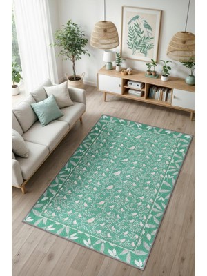 Homshtag Kuş Motifli ve Yaprak Desenli Pastel Orman Yeişili Oturm Odası Halısı, Bağ Evi Dekoru, Yıkanabilir Sanatsal Halı