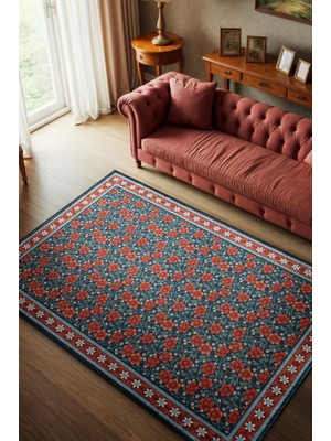 Homshtag Mercan Kırmızısı ve Mavi Çiçekli Halı, Vintage Maksimalist Ev Dekoru Için Salon Halısı, Bohem Yatak Odası Halısı