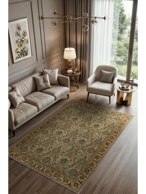 Homshtag Damask Desenli Kalisk Oturma Odası Halısı, Makinede Yıkanabilir Çiçekli Madalyon Halı