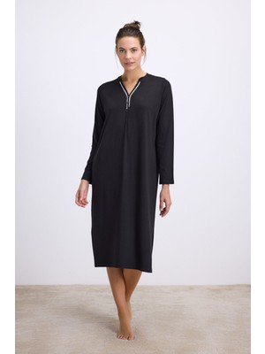 Anıl Kadın Siyah Uzun Kollu Düğme Detaylı Gecelik (11541)