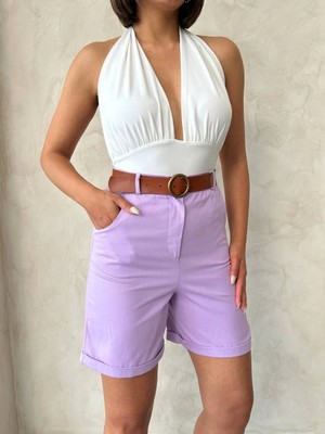 Bigelal Kemerli Gabardin Şort Lila S25735