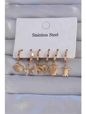 Mustran 316L Çelik Gold Renk Zirkon Taşlı Hayvan Figürlü Deniz Yıldızı Model Halka Küpe Seti