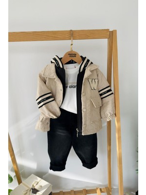 Miniğimin Cicileri W Panç Işleme Detaylı 4 Lü Erkek Çocuk Kapüşonlu takım - Krem