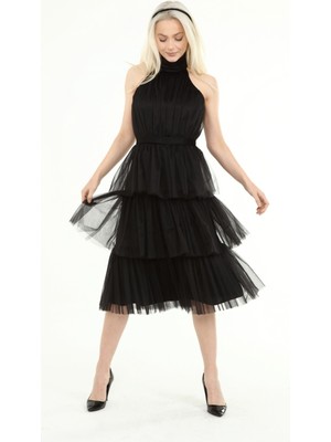 Asees Boyundan Bağlamalı 3 Katlı Tül Abiye Elbise