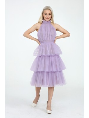 Asees Boyundan Bağlamalı 3 Katlı Tül Abiye Elbise