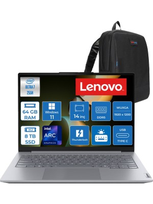 Lenovo Thinkbook 14 Gen8 Ial Intel Core Ultra 7 255H 5.1ghz 64GB Ddr5 8tb SSD Windows 11 Home Intel Arc 140T 14 Inç Wuxga (1920 x 1200) IPS 300NITS Taşınabilir Bilgisayar 21SJ007ATXH42 + Zetta Çanta