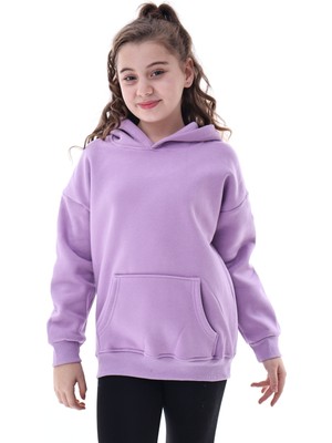 CQCQ Unisex Çocuk Kapüşonlu Şardonlu Sweatshirt 5-14 Yaş Oversize Günlük Spor Lila