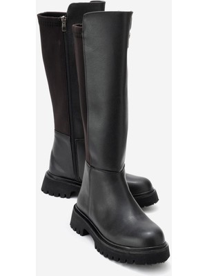 Ccway Kadın Düz Fermuarlı Streçli Çizme Siyah Cilt