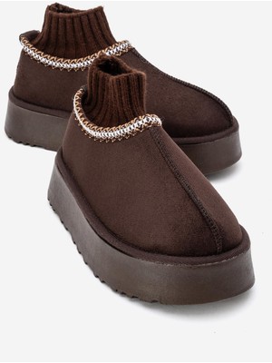 Ccway Kalın Tabanlı Mini Çoraplı Bot Kahve