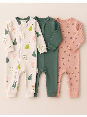 Mıdırık Kız Bebek Erkek Bebek Unisex 9- 18 Ay Yenidoğan Pamuklu Fermuarlı 3'lü Armut Desenli Kullanışlı Tulum Seti