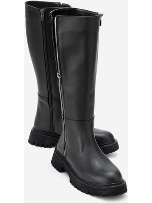Ccway Kadın Düz Fermuarlı Çizme Siyah Cilt