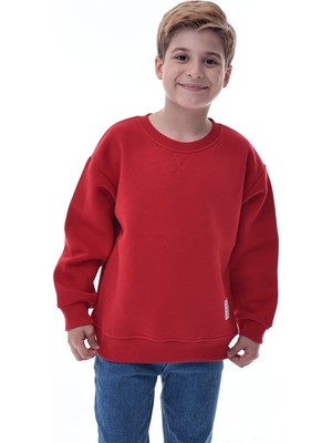 CQCQ Erkek Çocuk Kırmızı Şardonlu Sweatshirt – %100 Pamuk Rahat Kalıp 5-10 Yaş