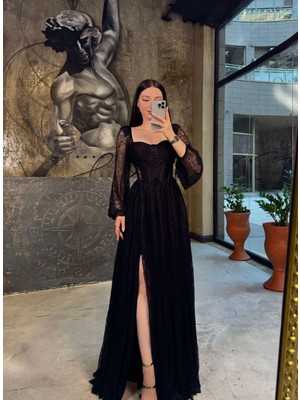 Daliya Ekstra Dar Kalıp Dantelli Balon Uzun Kol Korseli Önü Yırtmaçlı Abiye Siyah