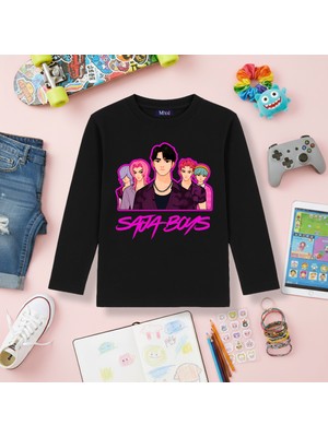 Mixxi Fashion Kpop Demon Hunters Saja Boys Uzun Kollu Baskılı Kız Çocuk Tişört (4-13 Yaş)