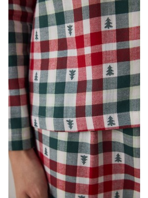 Penti Kırmızı Ekoseli Gömlek Yaka Yılbaşı Pamuklu Pijama Takımı