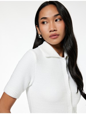 Koton Düğmeli Kısa Kollu Polo Yaka Triko Peluş Hırka