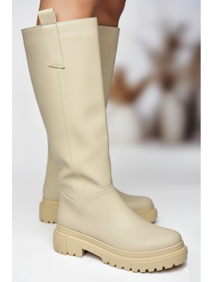 Fox Shoes V973222209 Bej Kalın Tabanlı Kadın Binici Çizmesi
