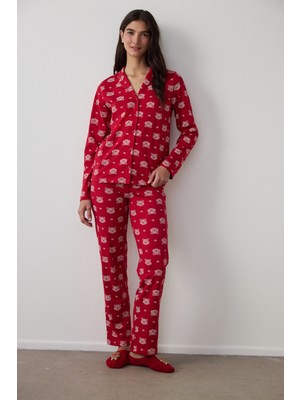 Penti Kırmızı Ayı Desenli Gömlek Yaka Uzun Kollu Pamuklu Pijama Takımı