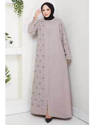 Gizli Patlı Yarım Taşlı Ferace Bej HM2860