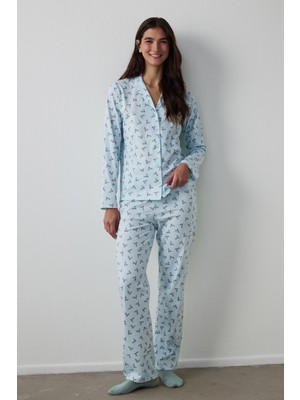 Penti Kadın Açık Mavi Merry Gömlek Yaka Pamuklu Pijama Takımı Uzun Kol Desenli Konfor