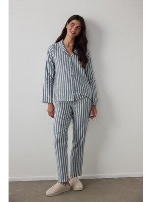 Penti Koyu Yeşil Lazy Morning Çizgili Pamuklu Gömlek Yaka Pijama Takımı