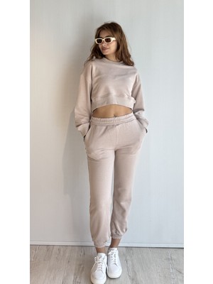 The Fancy Kadın Bisiklet Yaka Uzun Kollu Crop Top Sweatshirt Eşofman Takımı