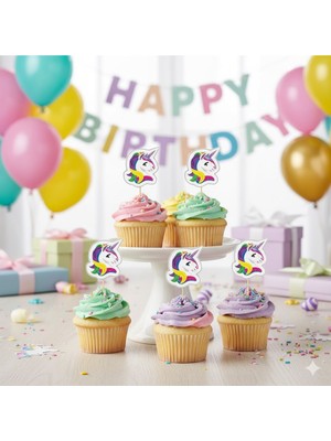 16 Adet Unicorn (Tek Boynuzlu At) Temalı Kürdan Seti / Ikramlık Süsü (16 Adet)