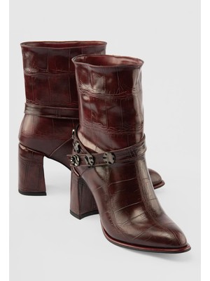 Mubiano Kadın Deri Bot Krokodil Desenli Platin Detaylı Topuklu Bordo Cordena