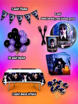 8 Kişilik Wednesday Temalı Mini Set - Doğum Günü Parti ve Eğlenceli Etkinlikler Için