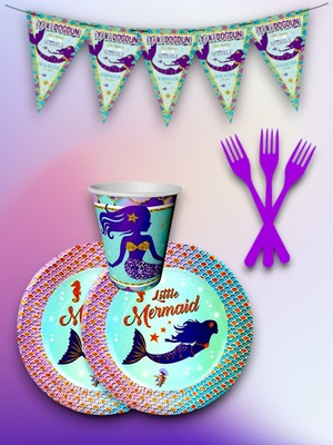 24 Kişilik Deniz Kızı Temalı Tek Kullanımlık Servis Seti ve Flama