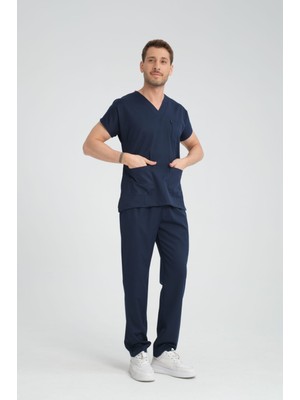 Yılmaz Üniforma V Yaka Lacivert Likralı Ütü Gerektirmeyen Unisex Hemşire Doktor Takım Scrubs
