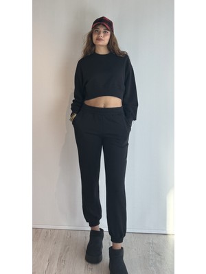 The Fancy Kadın Bisiklet Yaka Uzun Kollu Crop Top Sweatshirt Eşofman Takımı