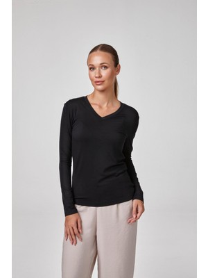 Relactive Kadın Uzun Kollu V Yaka Body Fit Kalıp Siyah T-Shirt C3T2N62