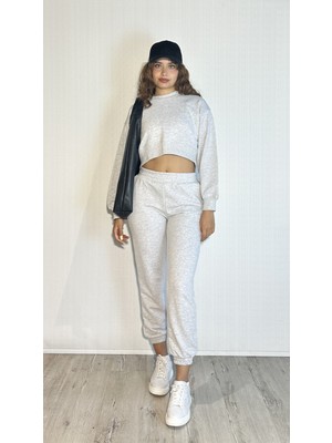 The Fancy Kadın Bisiklet Yaka Uzun Kollu Crop Top Sweatshirt Eşofman Takımı