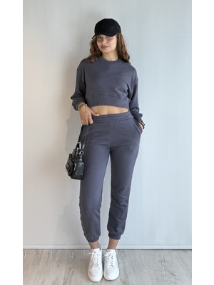 The Fancy Kadın Bisiklet Yaka Uzun Kollu Crop Top Sweatshirt Eşofman Takımı