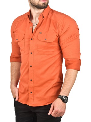 Deepsea Erkek Kiremit Slim Fit Dar Kesim Pamuklu Spor Gömlek Çıtçıtlı Likralı Gabardin Gömlek 2300421