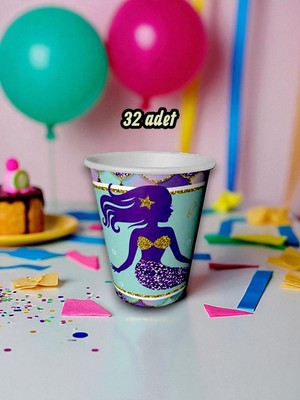 32 Adet Denizkızı Temalı Bardak - Doğum Günü Parti ve Eğlenceli Etkinlikler Için
