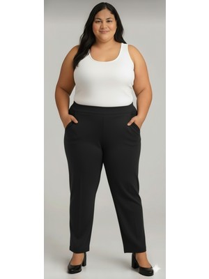 Akşen Giyim Büyük Beden Enine Boyuna  Likralı  Yüksek  Belli Iki Cepli Scuba Krep Pantolon