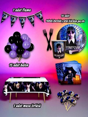 16 Kişilik Wednesday Temalı Mini Set - Doğum Günü Parti ve Eğlenceli Etkinlikler Için