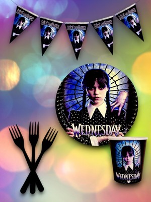 24 Kişilik Wednesday Temalı Tek Kullanımlık Servis Seti ve Flama