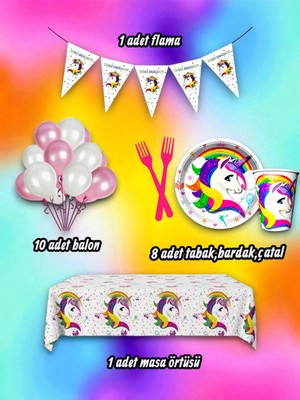 8 Kişilik Unicorn Temalı Mini Set - Doğum Günü Parti ve Eğlenceli Etkinlikler Için