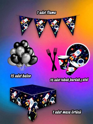 16 Kişilik Uzay Temalı Mini Set - Doğum Günü Parti ve Eğlenceli Etkinlikler Için